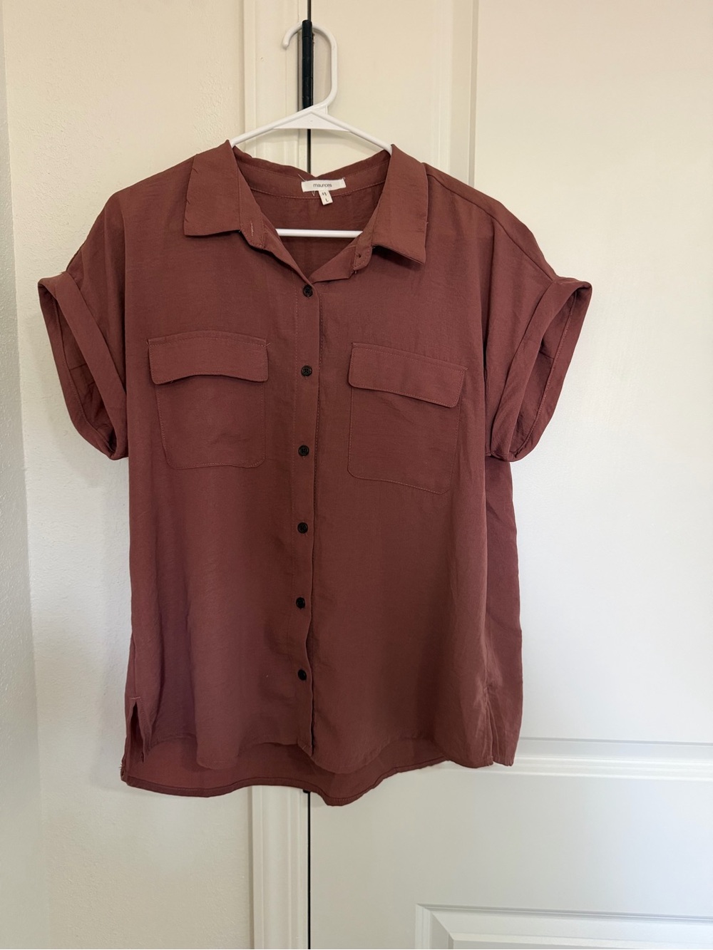 Maurices Short-Sleeve Button-Down Blouse in Rust Brown